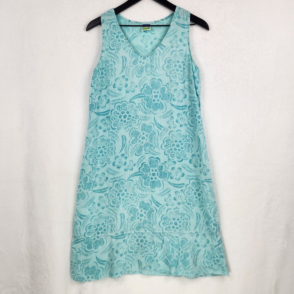 Sunny Side Up 100% Linen Sleeveless Dress Small Floral Block Print Resort USA